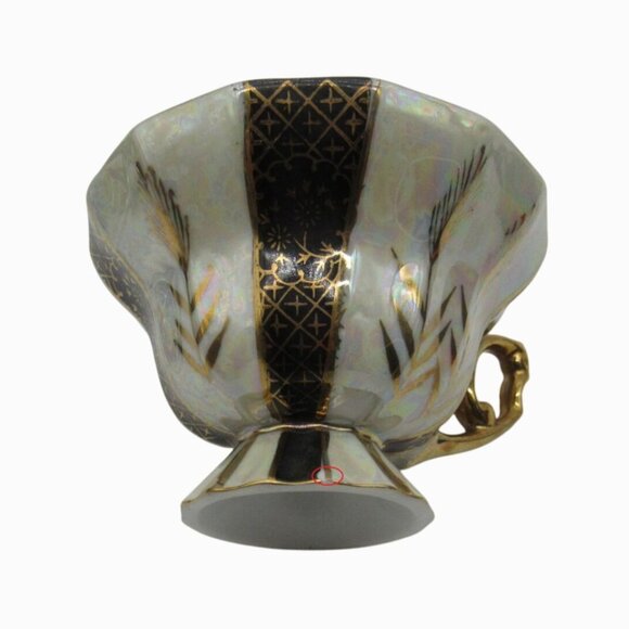 LUSTERWARE Tea CUP And Saucer With Gold Handle Black Floral Accents Japan Vintag - Picture 4 of 11